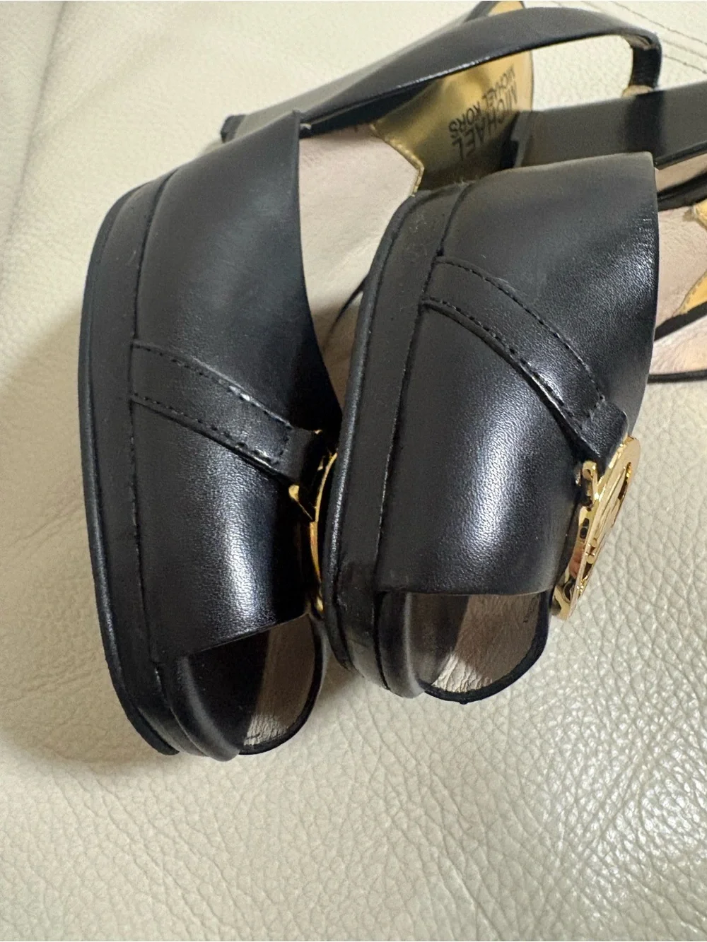 Michael Kors Black Leather Slingback Peep-Toe Heels with Gold MK Logo Size 5.5